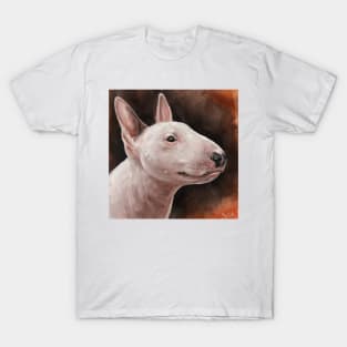 A Painting of a Bull Terrier Smiling on Hot Dark Orange Background T-Shirt